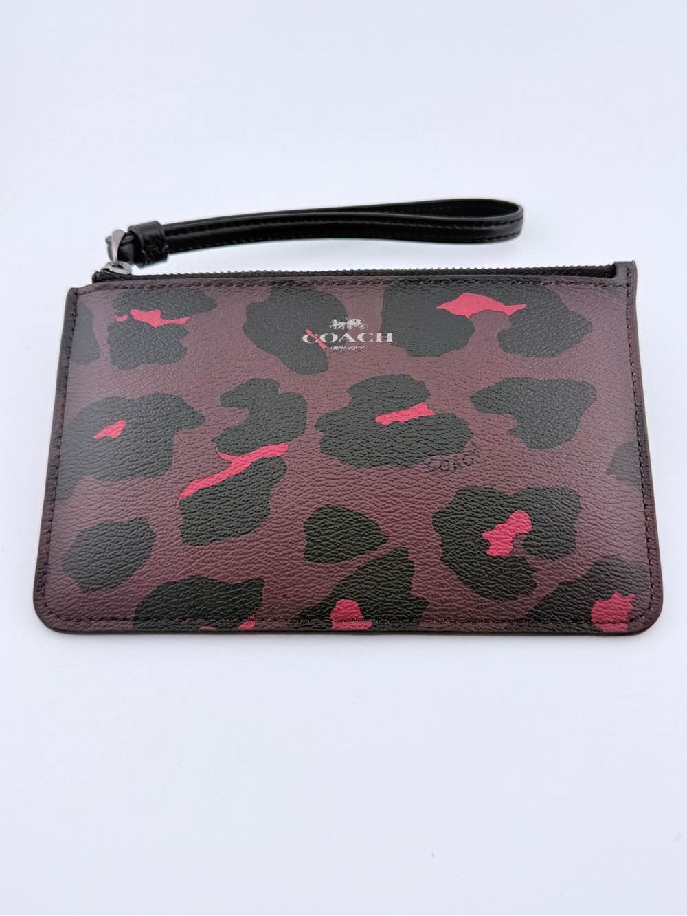 COACH Corner Zip Wristlet in Leopard Print Coated Canvas - Oxblood & Pink